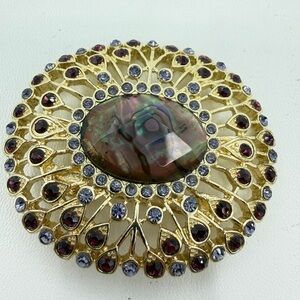 Napier Gold Tone Faux Abalone Rhinestone Filigree Oval Brooch Victorian Elegant